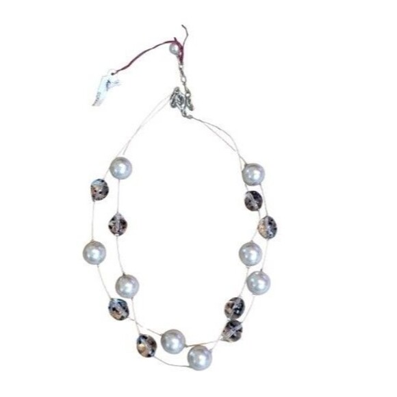 TOP FROG Gray Clear Glass & Silver Faux Pearls Double Strand Illusion Necklace - Picture 8 of 11